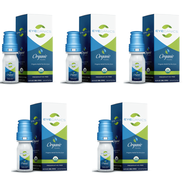 Five bottles of MHP Eyeganics Organic Eye Drops, 10mL each, designed to provide moisture support for dry or irritated eyes.