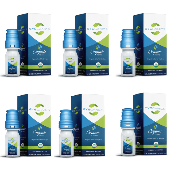 Six bottles of MHP Eyeganics Organic Eye Drops, 10mL each, with moisture support for eye hydration and comfort.