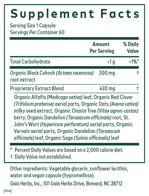 MHP Gaia Herbs Female Support Formula Vitex and Black Cohosh supplement in 60 liquid PhytoCaps for hormone balance.