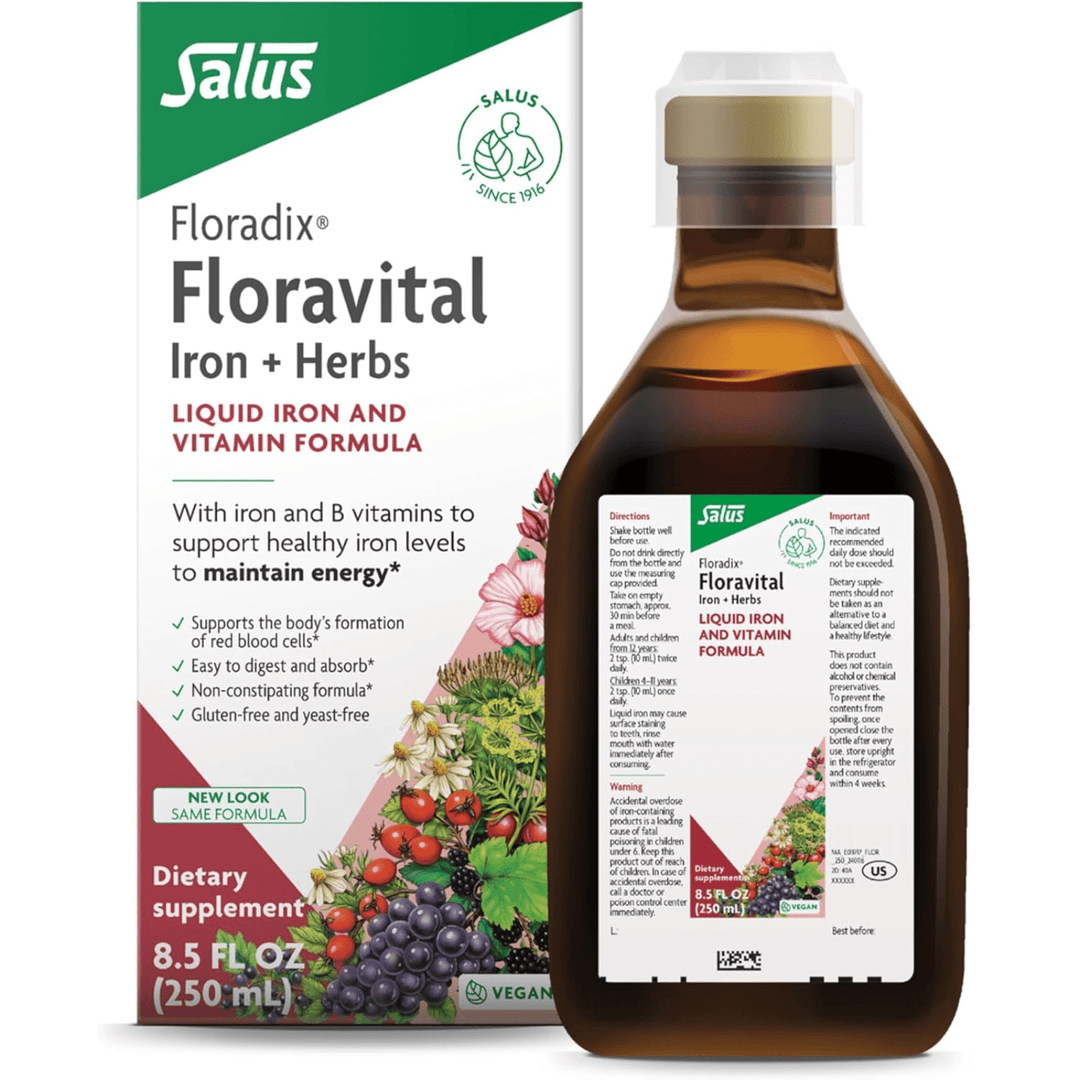 MHP Floradix Floravital liquid iron supplement with herbs, supports energy, yeast-free formula in 250ml bottle.