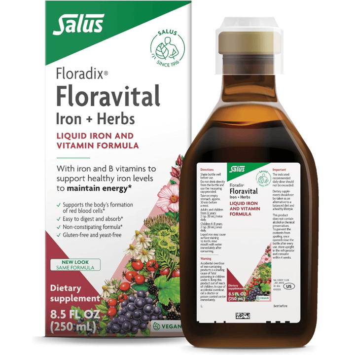 MHP Floradix Floravital liquid iron supplement with herbs, supports energy, yeast-free formula in 250ml bottle.