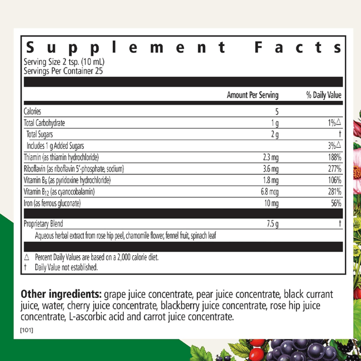 MHP Floradix Floravital liquid iron supplement with herbs, supports energy, yeast-free, 250ml bottle.