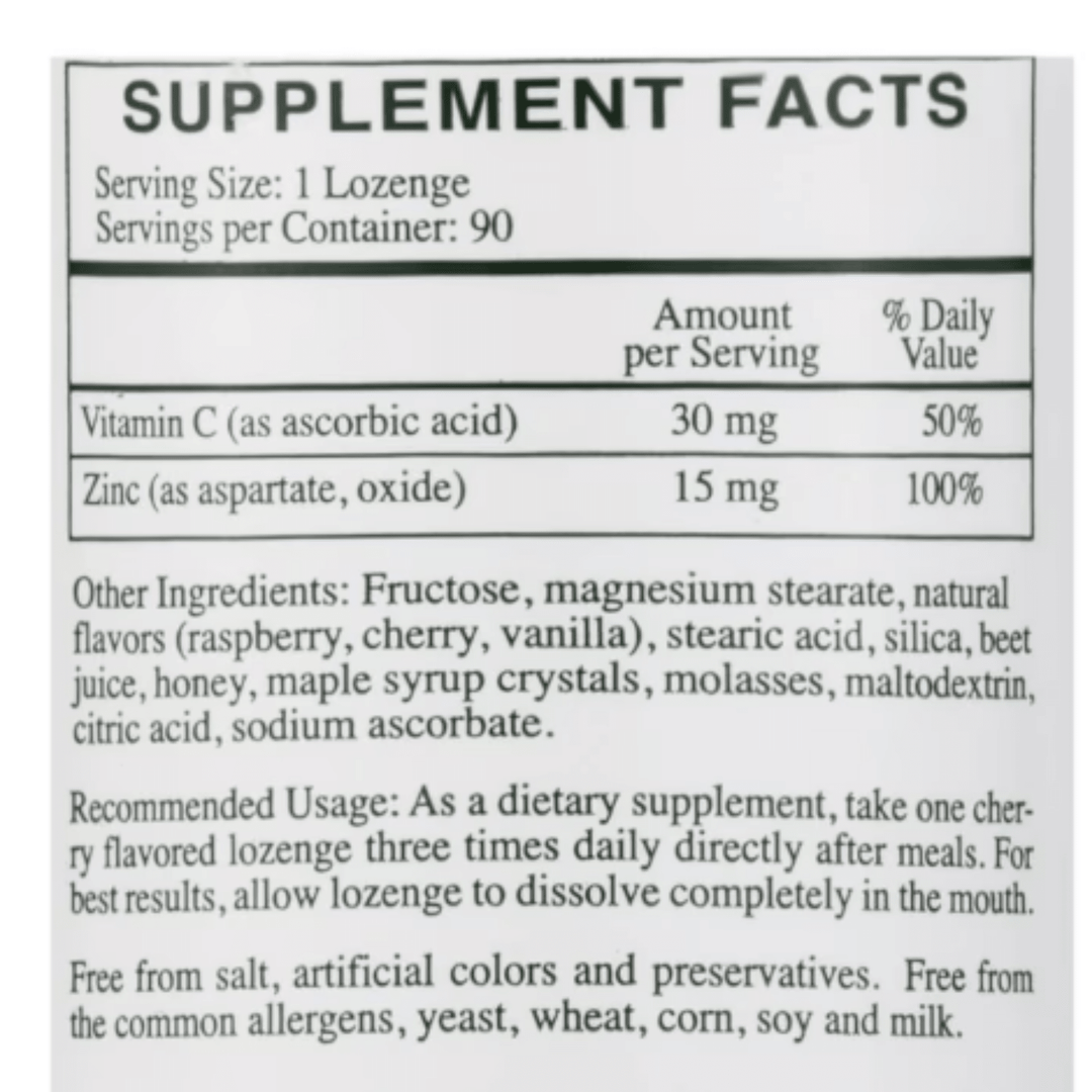 MHP Rx Vitamins Zinc Lozenges with 46 mg zinc aspartate and vitamin C, 90 lozenges in a natural presentation.