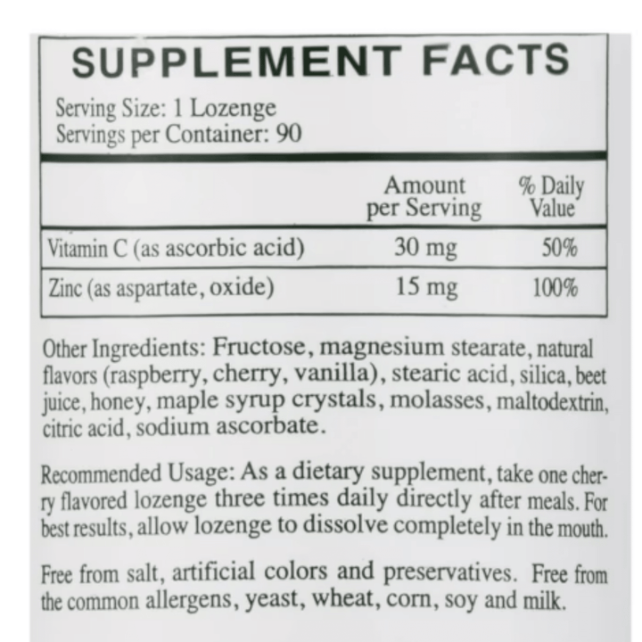 MHP Rx Vitamins Zinc Lozenges with 46 mg zinc aspartate and vitamin C, 90 lozenges in a natural presentation.