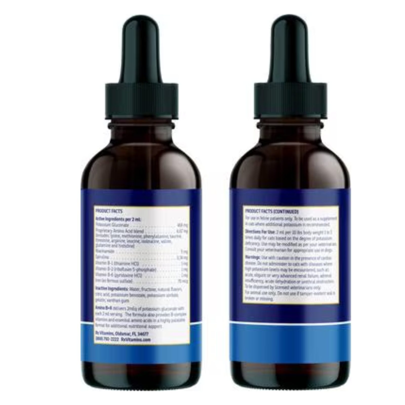 Rx Vitamins For Pets Amino B Plex 2 Oz liquid supplement bottles for dogs and cats with information labels