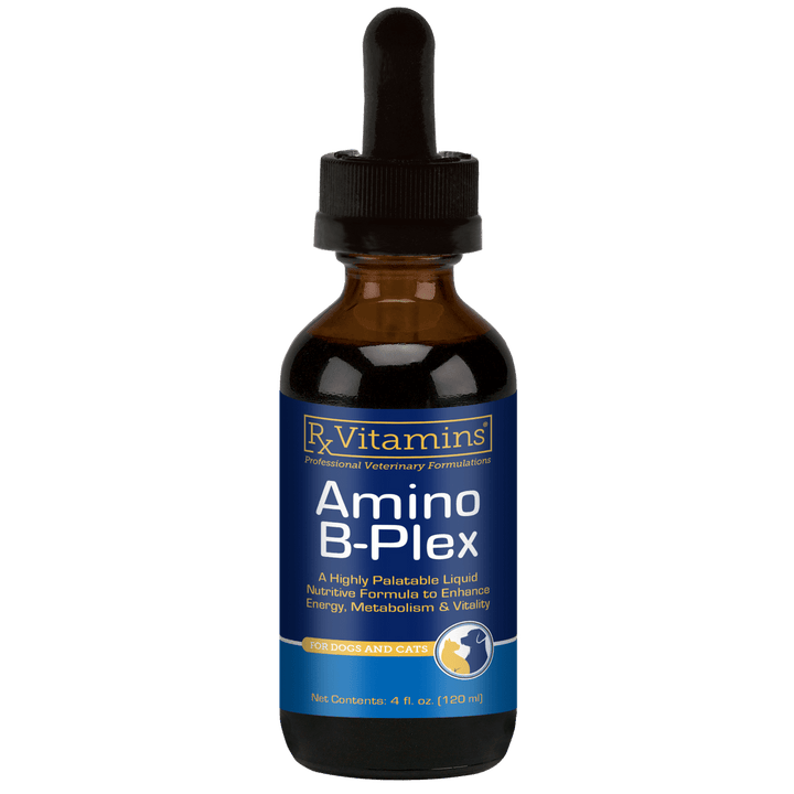 Rx Vitamins For Pets Amino B-Plex Vitamins for dogs and cats in a 4 oz bottle with dropper for nutritional support.