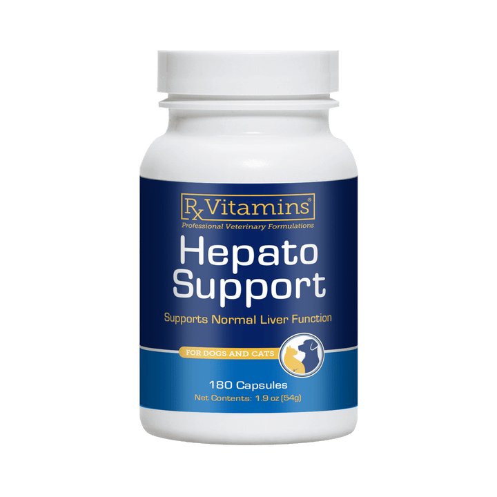MHP Rx Vitamins for Pets Hepato Support bottle with 180 capsules, designed to support liver function in pets.