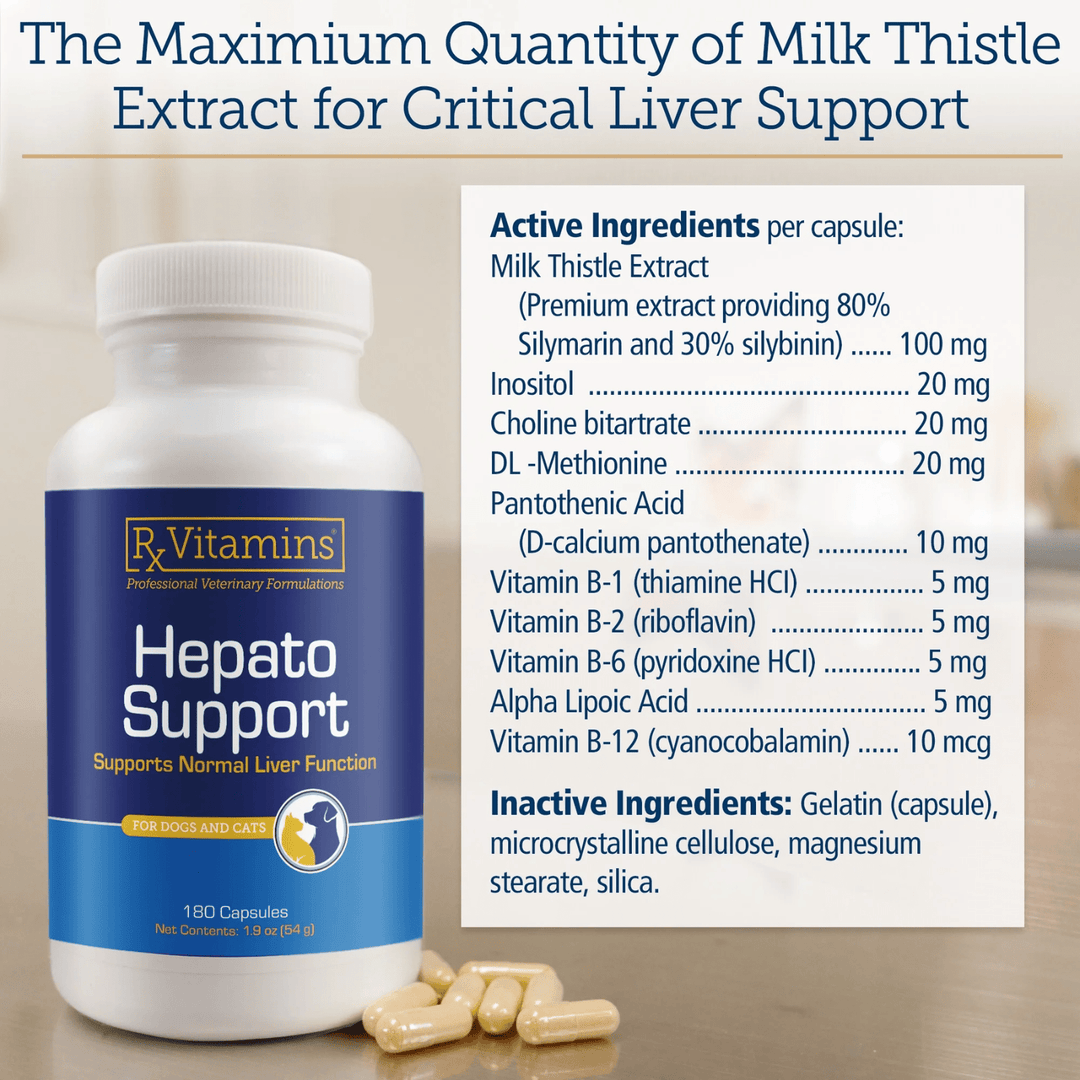 MHP Rx Vitamins for Pets Hepato Support bottle with 180 capsules, designed to support liver function in pets.