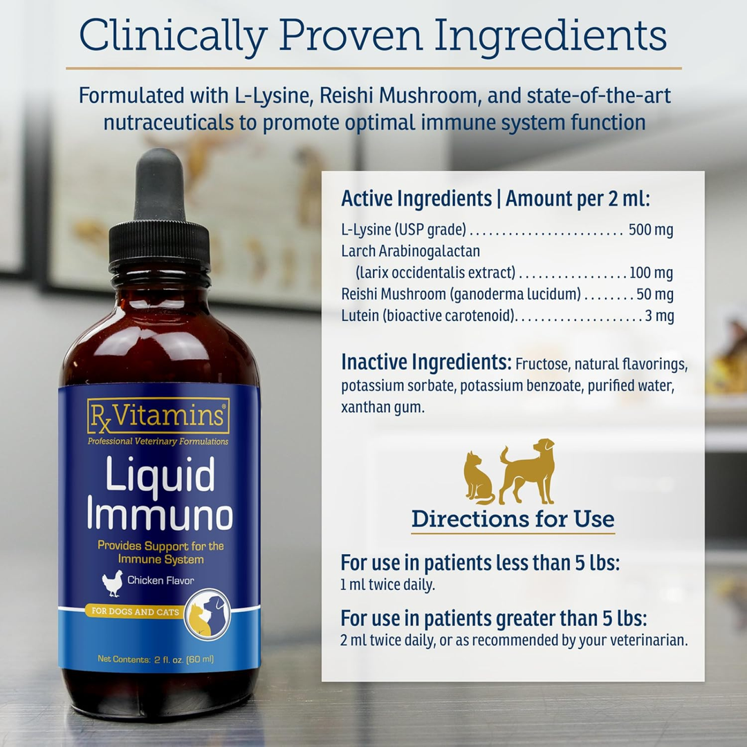 Rx Vitamins For Pets Liquid Immuno Chicken Supplement image featuring clinically proven ingredients for immune support.
