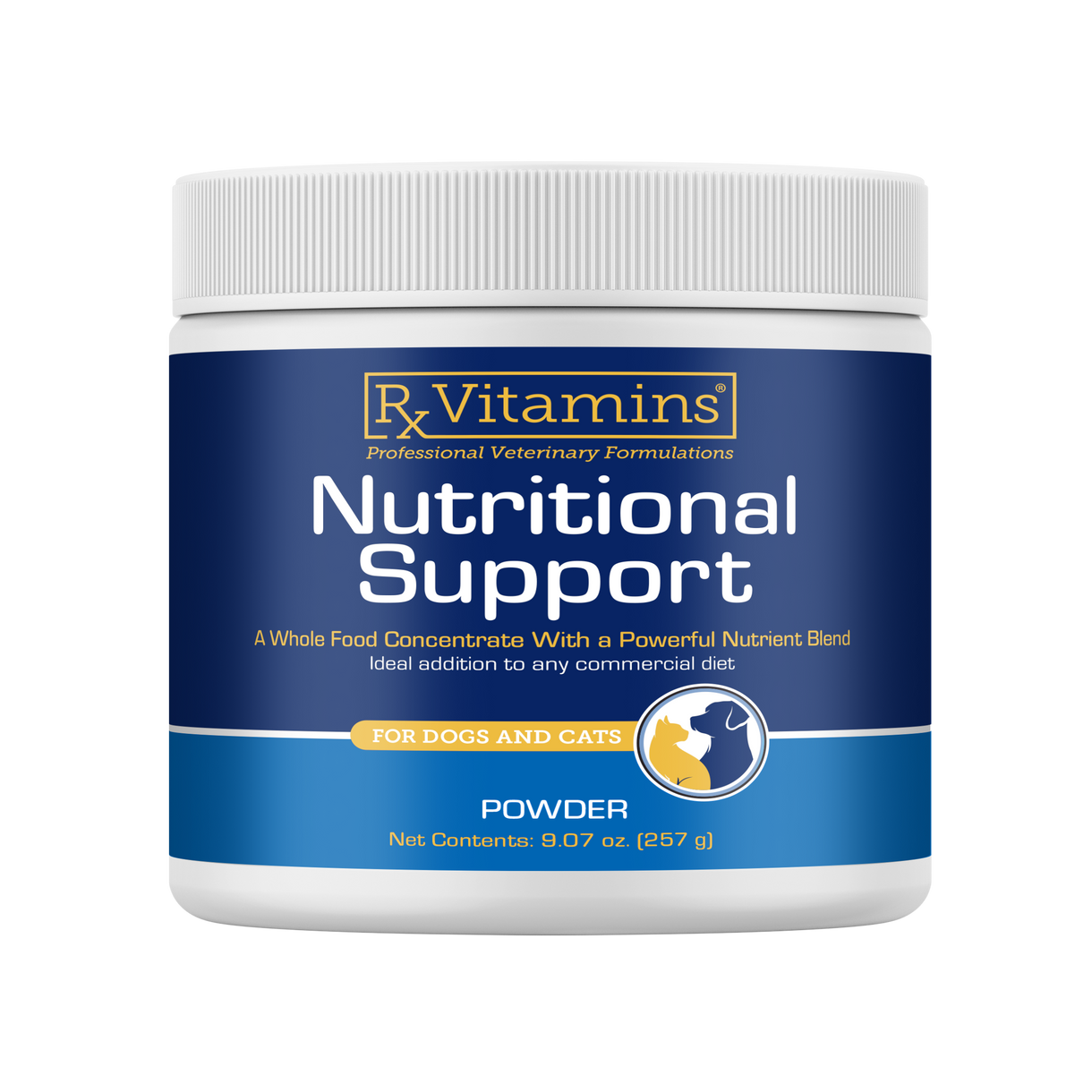 Rx Vitamins For Pets Nutritional Support 9.07 Oz supplement for dogs and cats in a blue container.