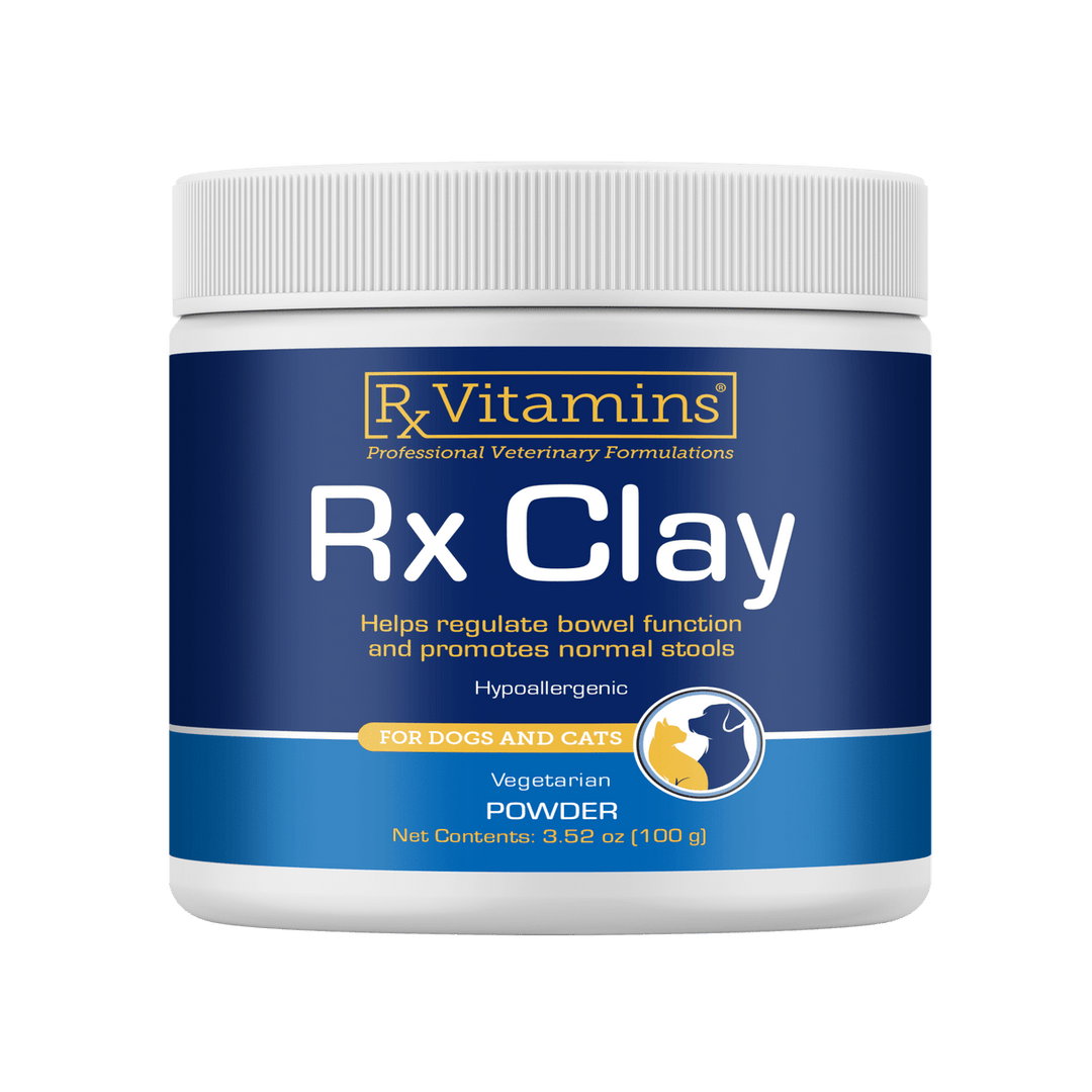 Rx Vitamins For Pets Rx Clay 100g container for intestine support in dogs and cats, promotes normal stools and digestive health.