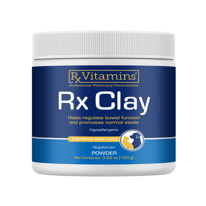 Rx Vitamins For Pets Rx Clay 100g container for intestine support in dogs and cats, promotes normal stools and digestive health.