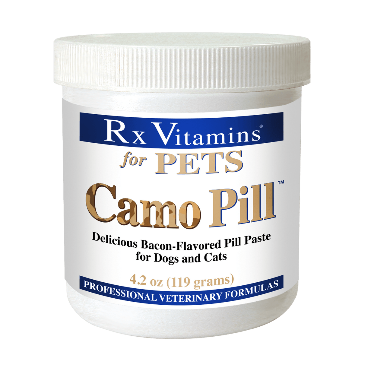 Rx Vitamins For Pets Camo Pill 4.2 Oz Bacon Flavor Pill Paste for Dogs and Cats packaging.