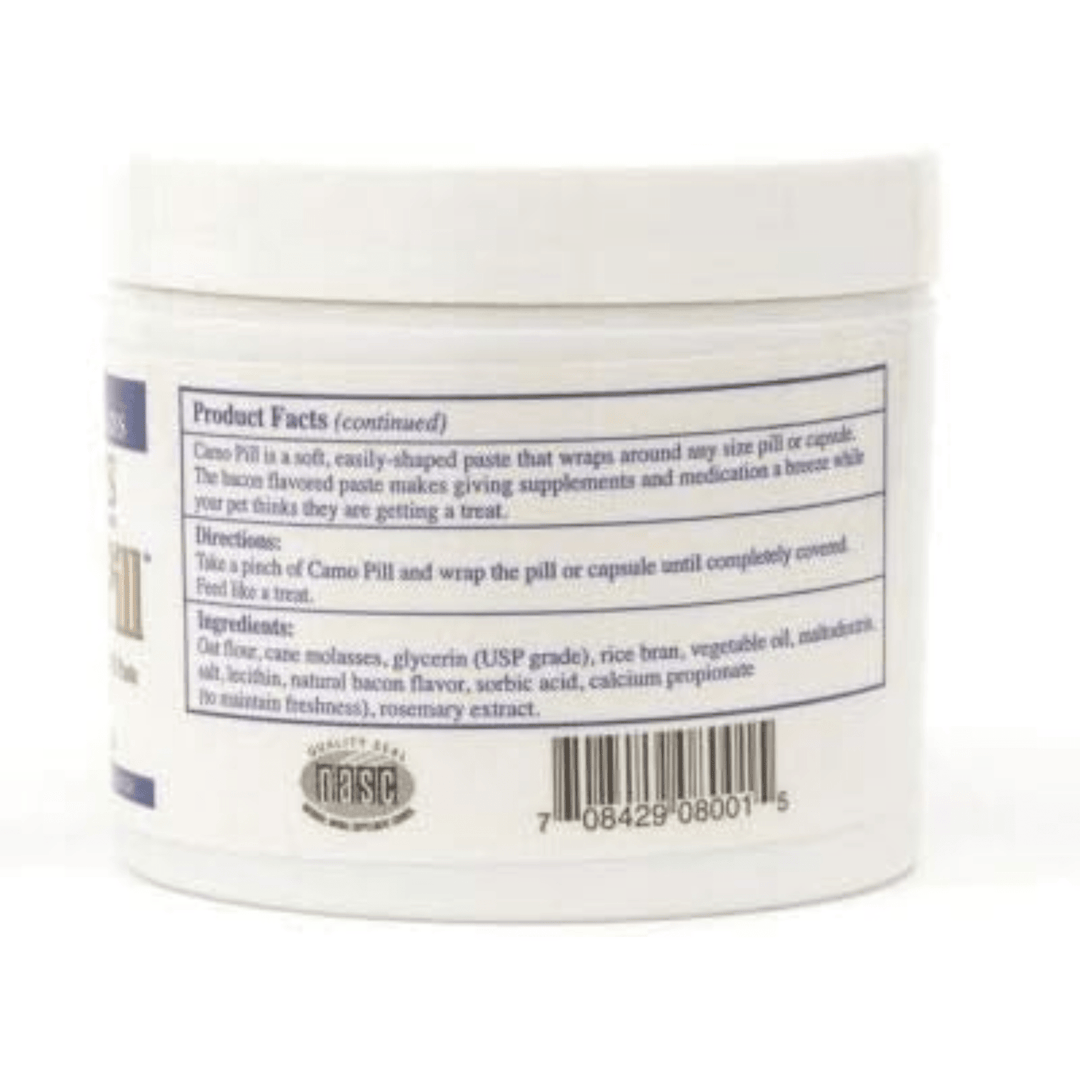 MHP Rx Vitamins for Pets Camo Pill 4.2 oz bacon-flavored pill paste for pets, in a jar with a spoon, for pet health supplements.