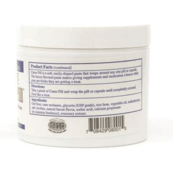 MHP Rx Vitamins for Pets Camo Pill 4.2 oz bacon-flavored pill paste for pets, in a jar with a spoon, for pet health supplements.