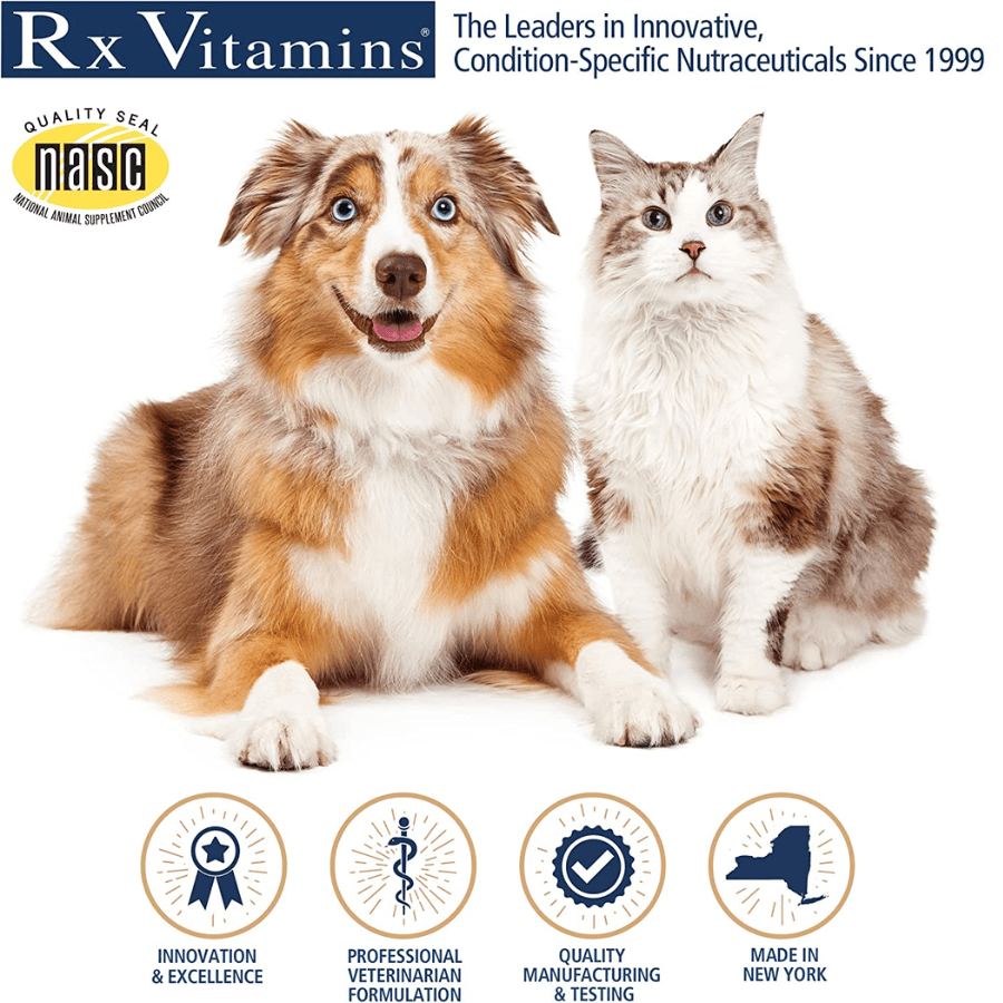 Bottle of Rx Vitamins For Pets D3 Liquid supplement with olive oil, for pet health, in a 2 oz container.
