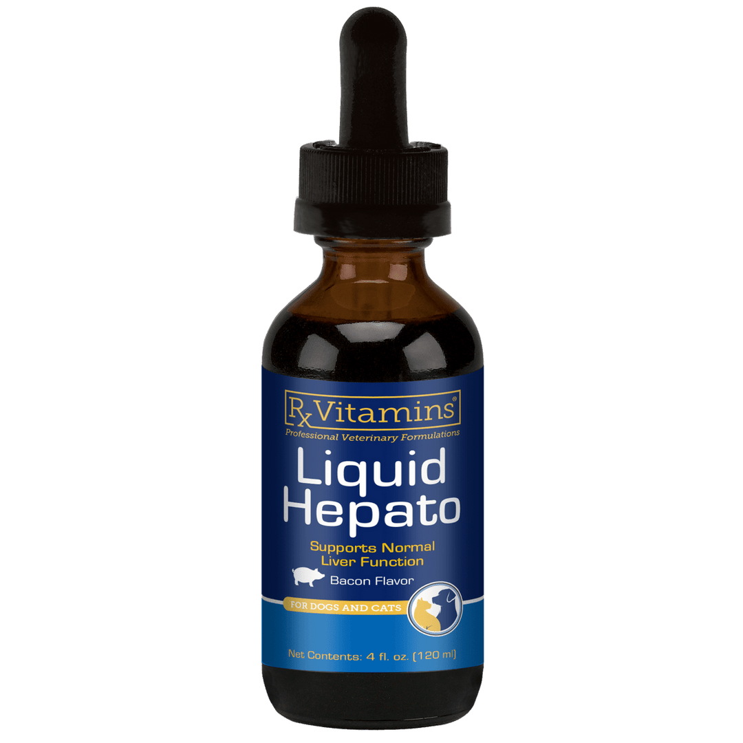 MHP Rx Vitamins for Pets Hepato Liquid in 4 oz bacon flavor, liver support supplement for dogs and cats.