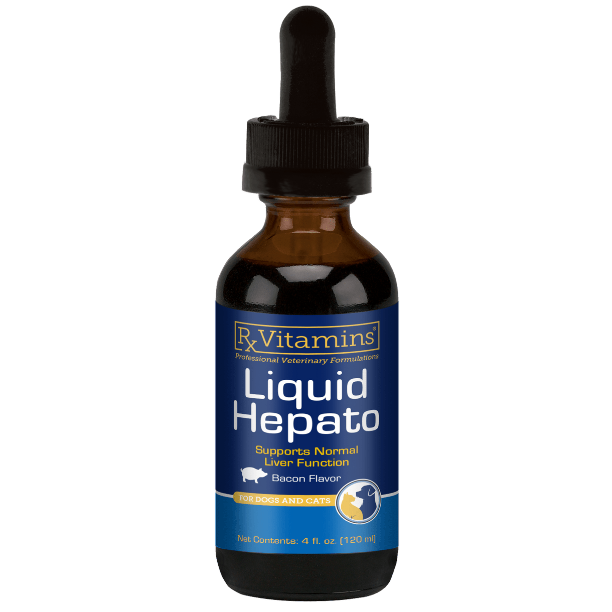 MHP Rx Vitamins for Pets Hepato Liquid in 4 oz bacon flavor, liver support supplement for dogs and cats.