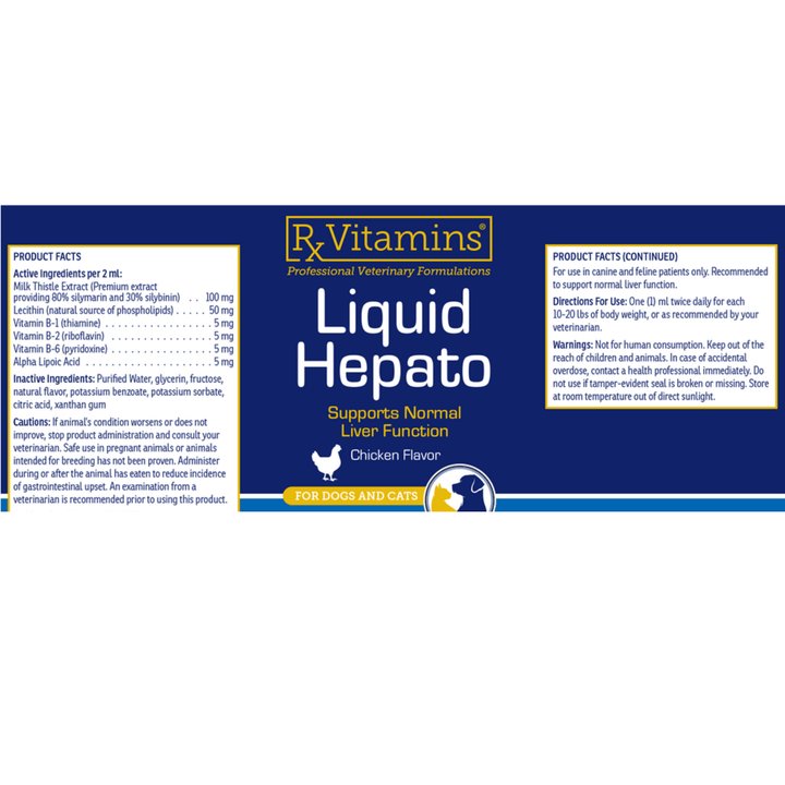 Rx Vitamins for Pets Liquid Hepato with chicken flavor in 4 fl oz bottle, pet supplement by MHP for liver support.