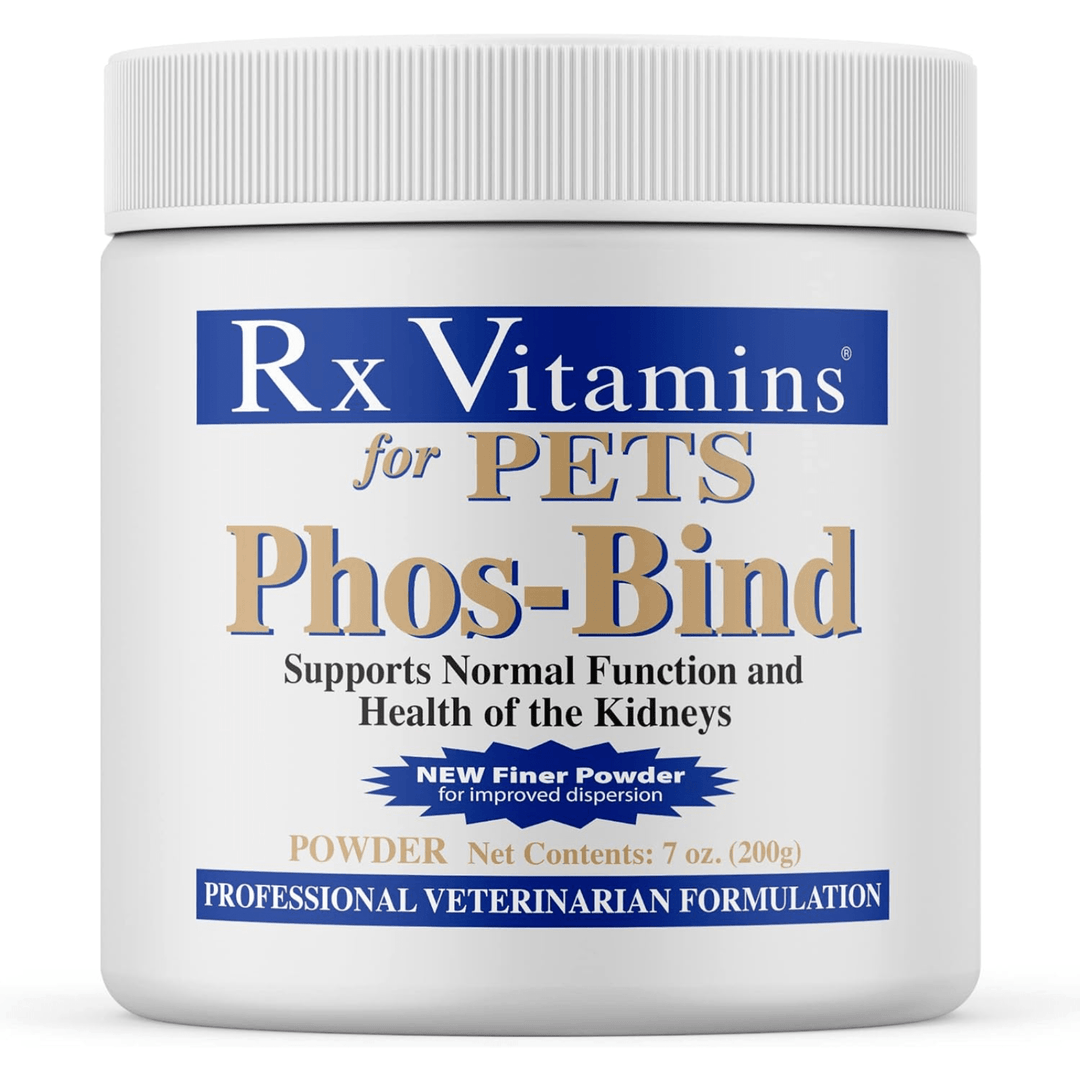 Rx Vitamins for Pets Phos Bind kidney support supplement for dogs and cats, 200g, in a white container with label.