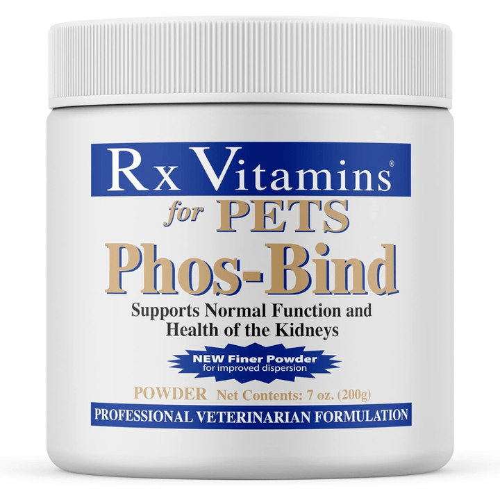Rx Vitamins for Pets Phos Bind kidney support supplement for dogs and cats, 200g, in a white container with label.