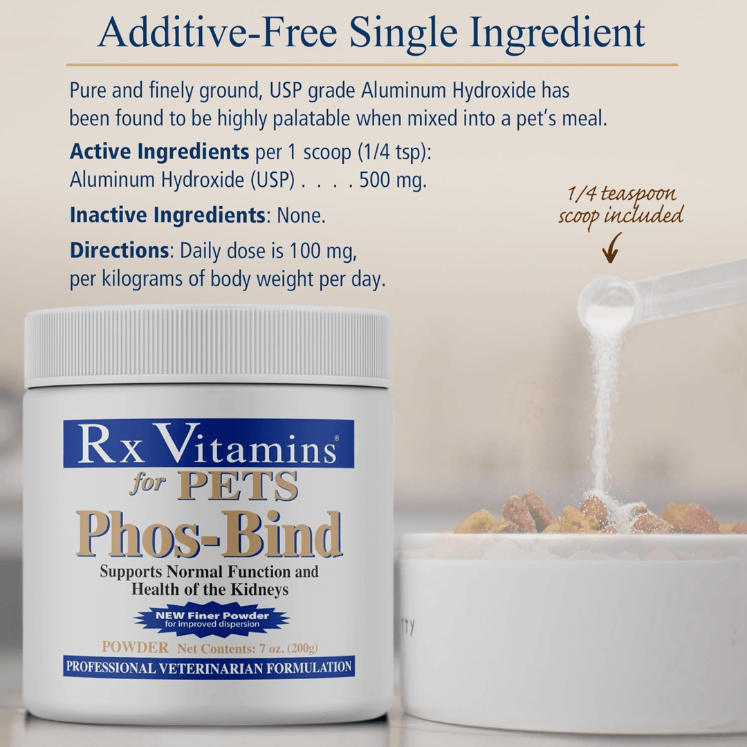 Rx Vitamins for Pets Phos Bind kidney support supplement for dogs and cats in 200g container, designed to aid kidney health.
