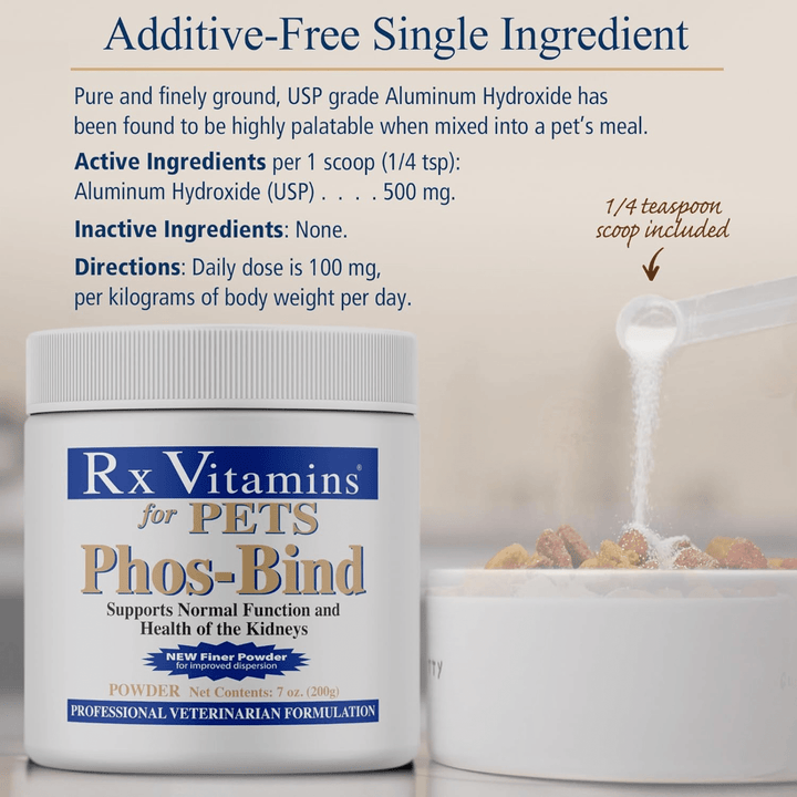 Rx Vitamins for Pets Phos Bind kidney support supplement for dogs and cats in 200g container, designed to aid kidney health.