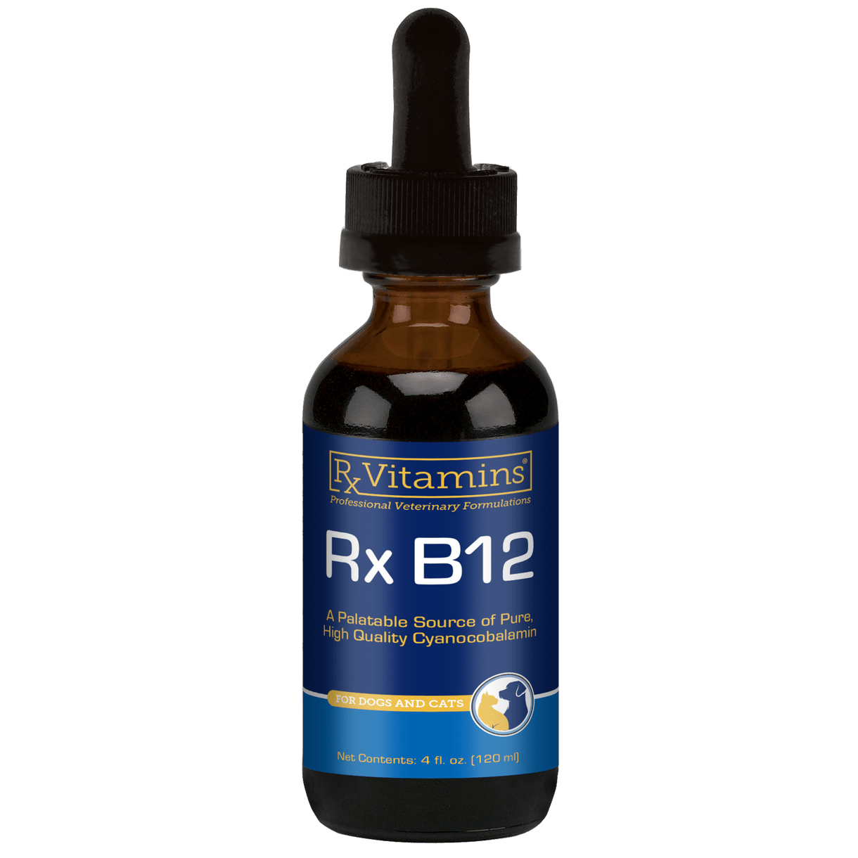 MHP Rx Vitamins for Pets Rx B12 Liquid 4 oz digestive supplement for pets, in a clear bottle with a white label.