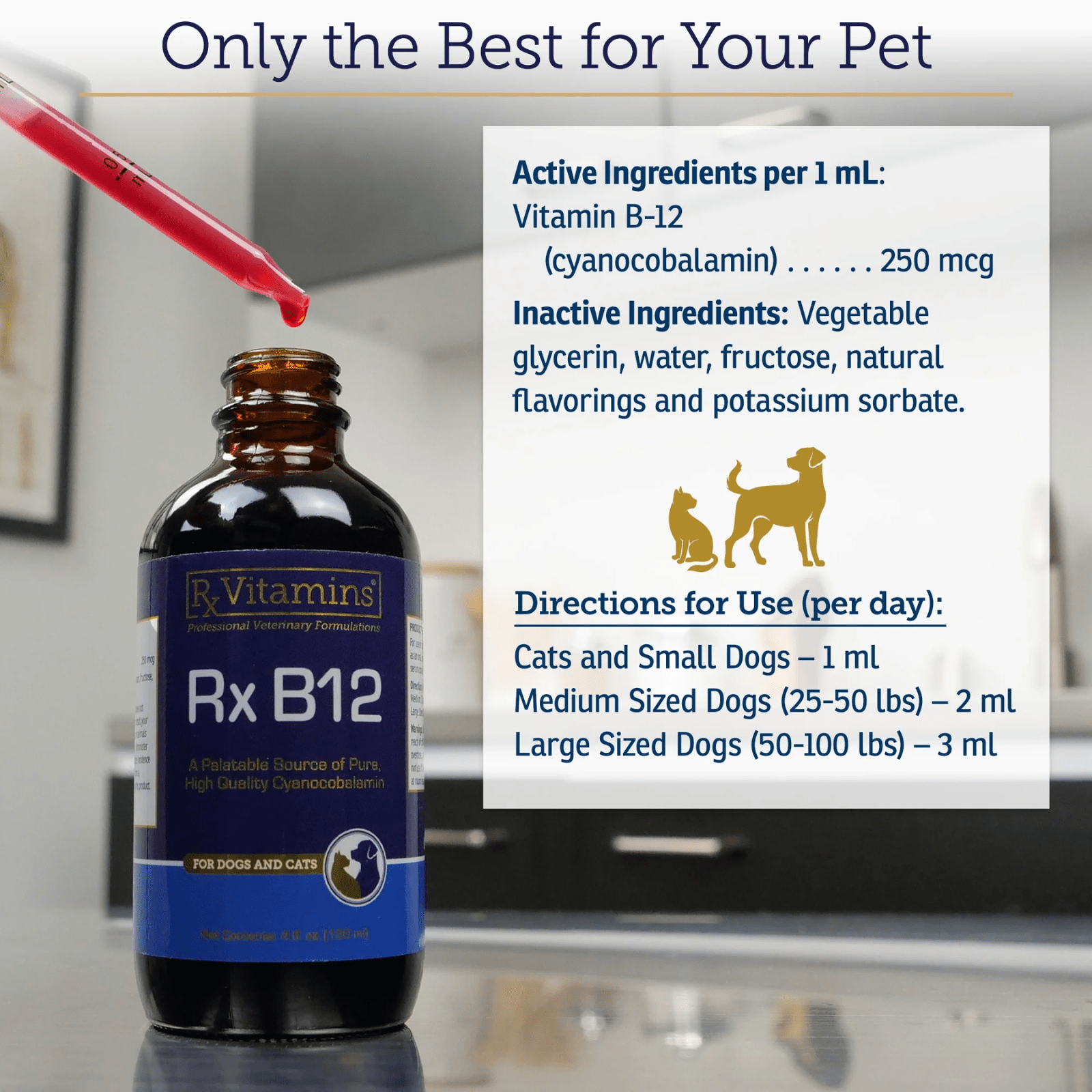 MHP Rx Vitamins For Pets Rx B12 Liquid 4 oz digestive supplement for pets, in a clear bottle with label showing pet health benefits.