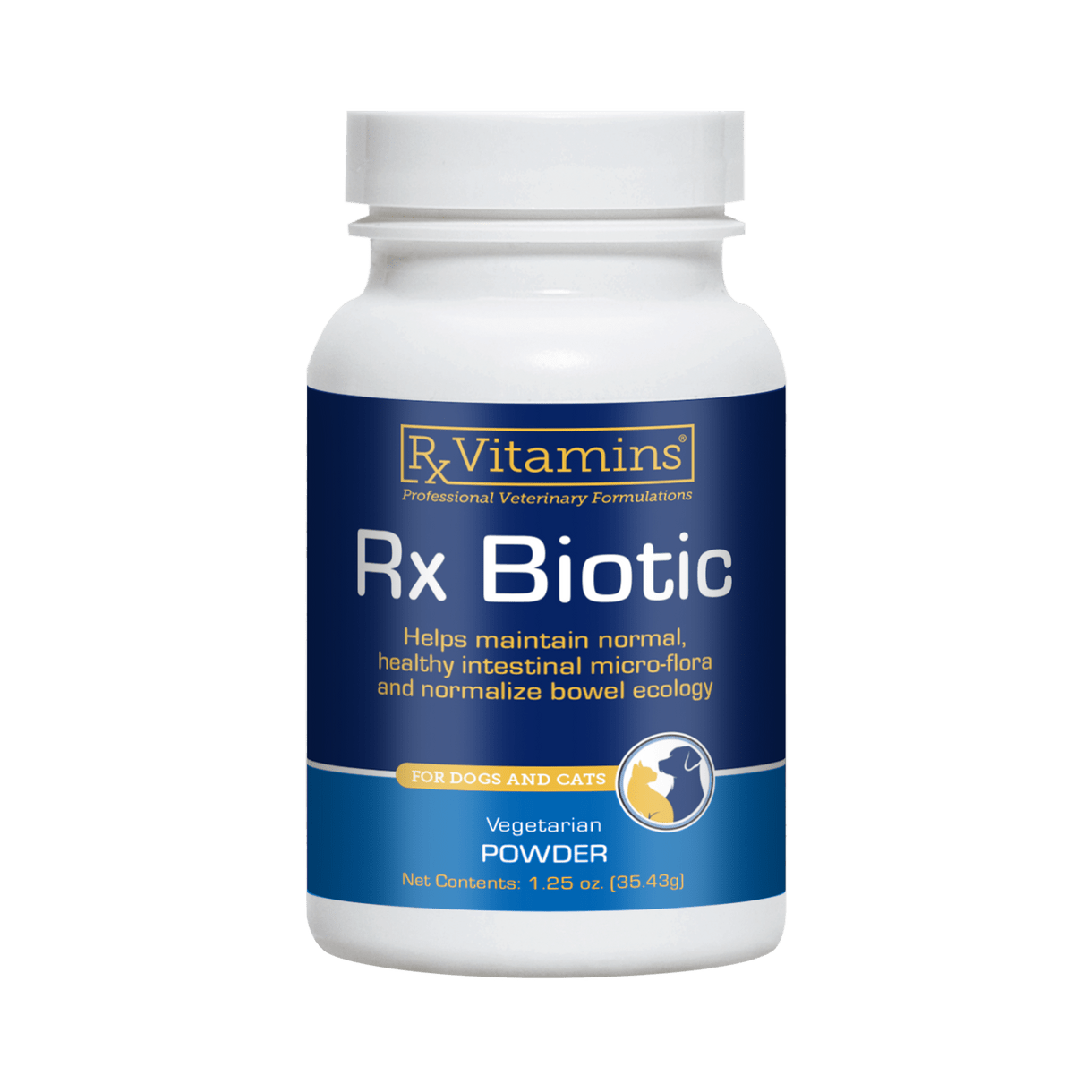 Rx Vitamins Rx Biotic 1.25 Oz vegetarian powder for dogs and cats to support gut health and bowel ecology.