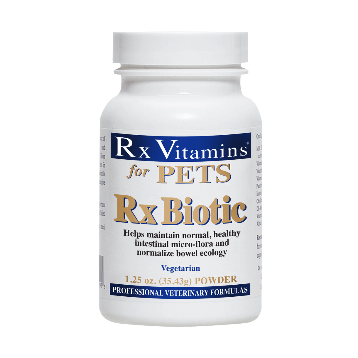 Rx Vitamins Rx Biotic 1.25 Oz vegetarian powder for gut health and immune support for pets.