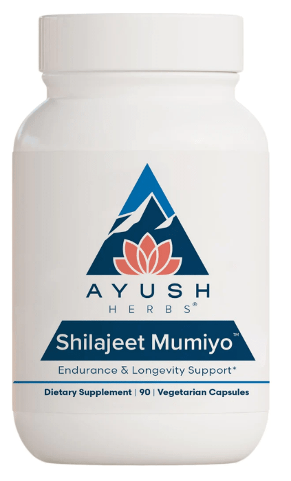 MHP Ayush Herbs Shilajeet Mumiyo supplement bottle with 90 capsules, promoting endurance, longevity, and immune support.