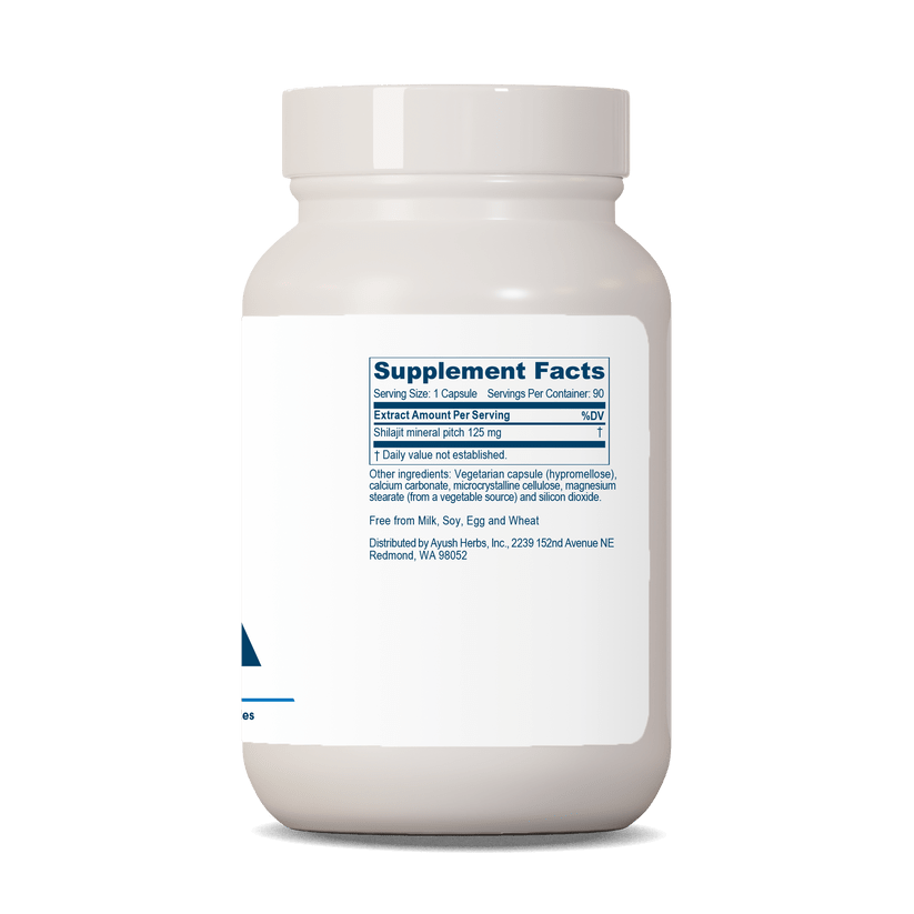 MHP Ayush Herbs Shilajeet Mumiyo supplement capsules for endurance, longevity, and immune support in a bottle of 90 caps.