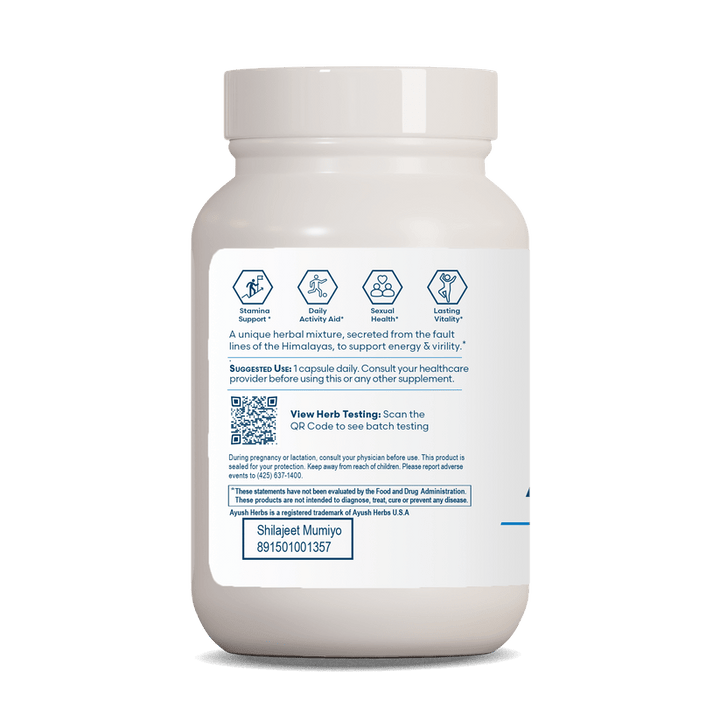 MHP Ayush Herbs Shilajeet Mumiyo capsules for endurance, longevity, and immune support, shown in a bottle with 90 caps.