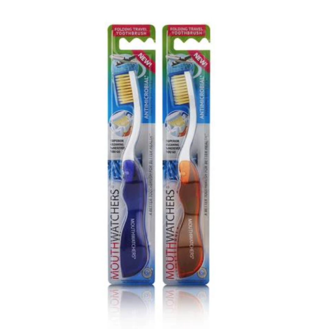 MHP Mouthwatchers travel folding toothbrush with compact design, featuring a foldable handle for easy dental hygiene on the go.