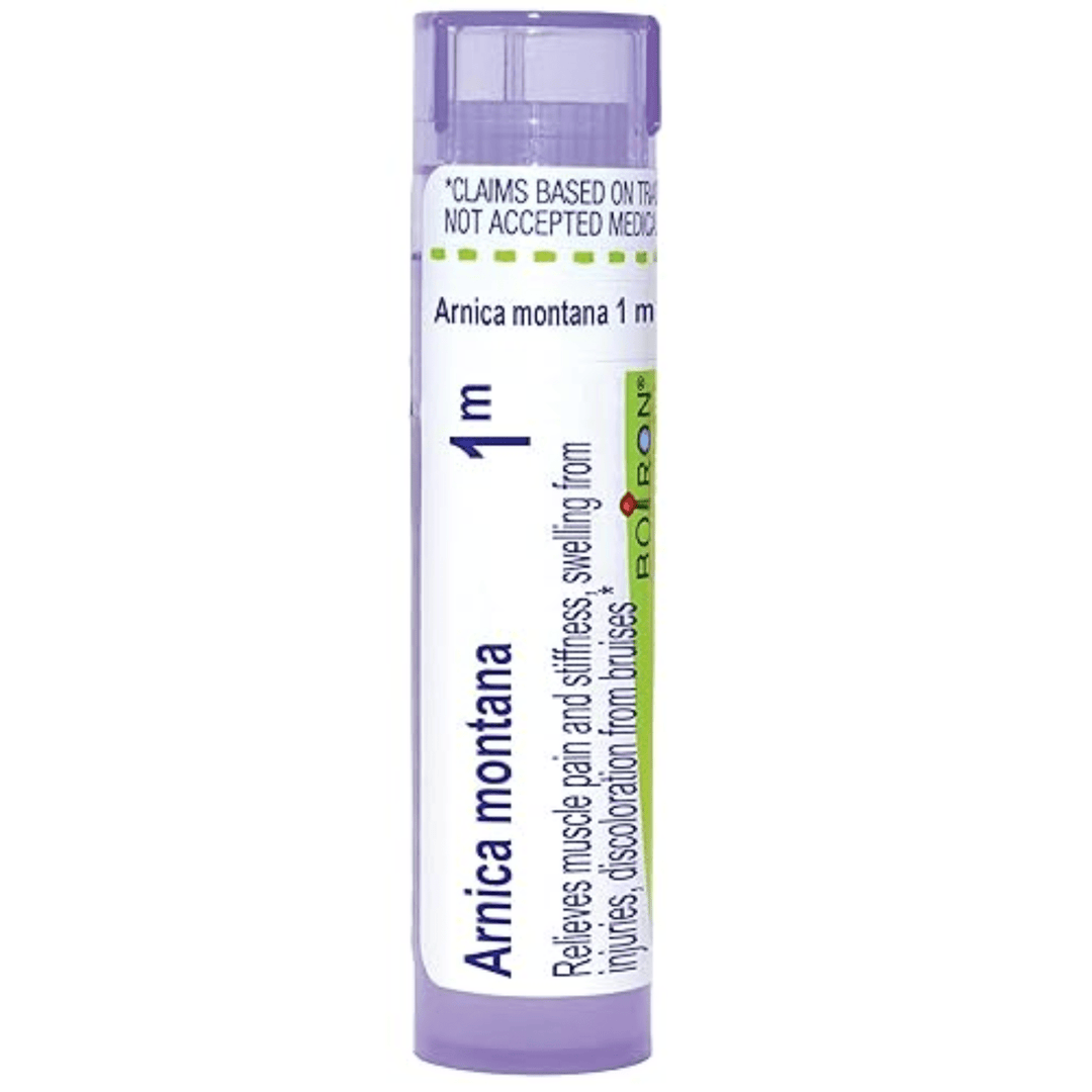 Boiron Arnica Montana 1M homeopathic pellets by MHP for muscle pain relief, shown in a green and white package.