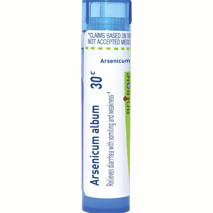 Boiron Laboratories Arsenicum Album 30x supplement bottle, natural remedy for food poisoning, in a white container with label.