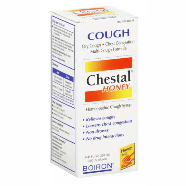 MHP Boiron Laboratories Chestal homeopathic cough syrup in 8.45 oz bottle, designed for soothing cough relief.