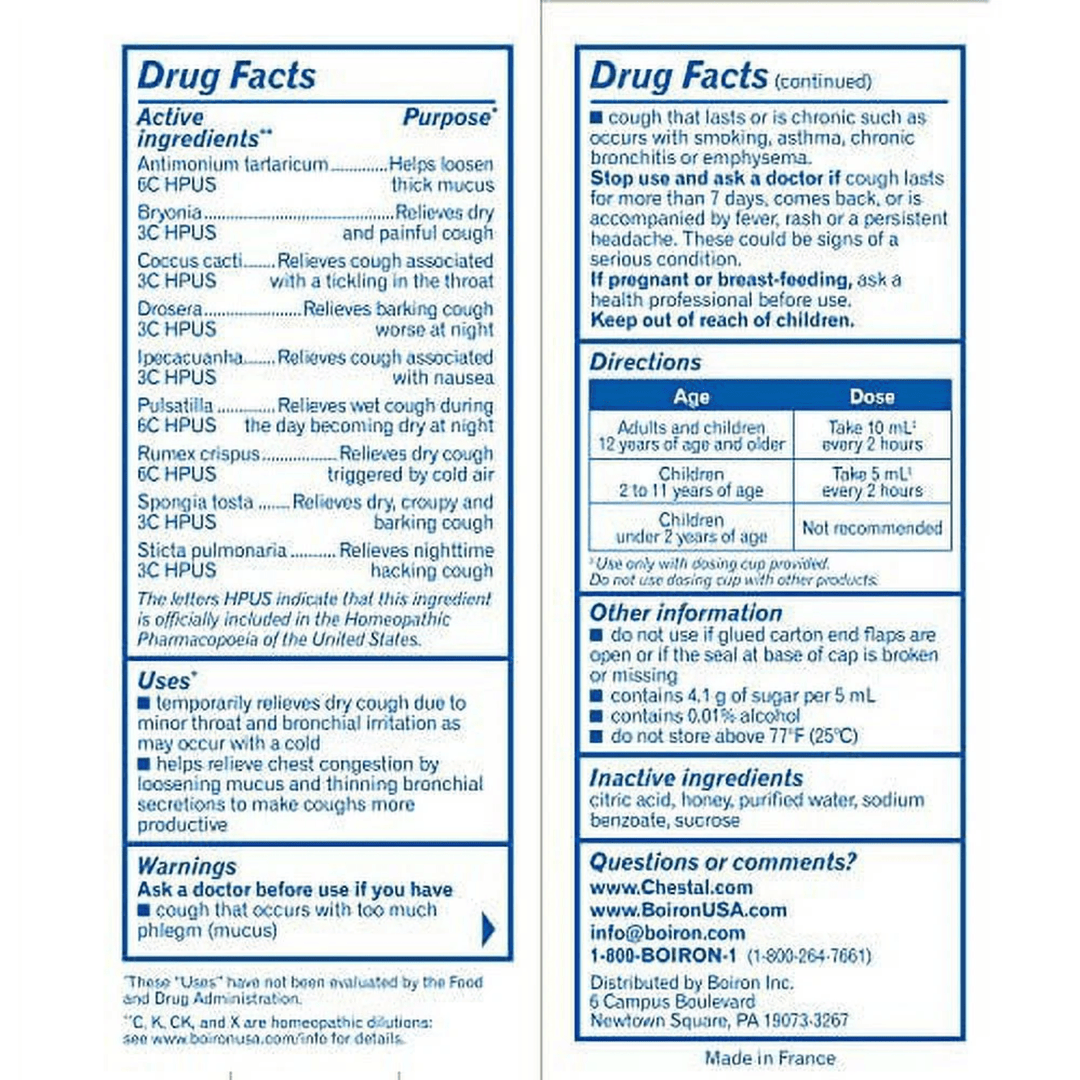 MHP Boiron Laboratories Chestal homeopathic cough syrup in a clear 8.45 oz bottle, with label showing product details.