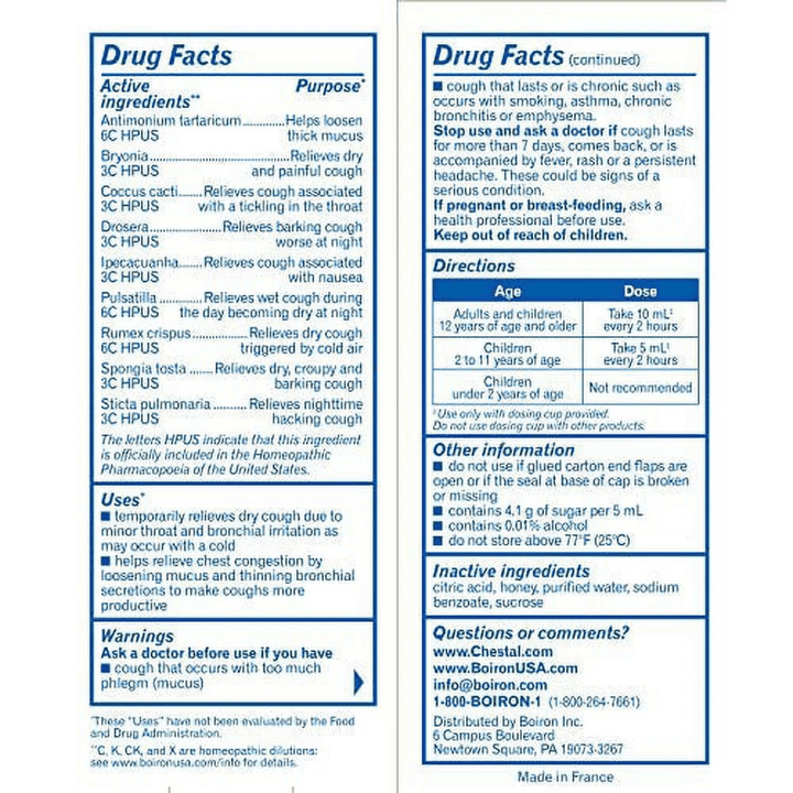 MHP Boiron Laboratories Chestal homeopathic cough syrup in a clear 8.45 oz bottle, with label showing product details.