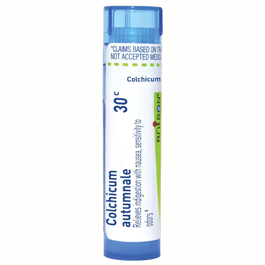 Boiron Laboratories Colchicum Autumnale 30C homeopathic pellets for pain relief, in a small container, from MHP Vitamins &amp; Supplements.