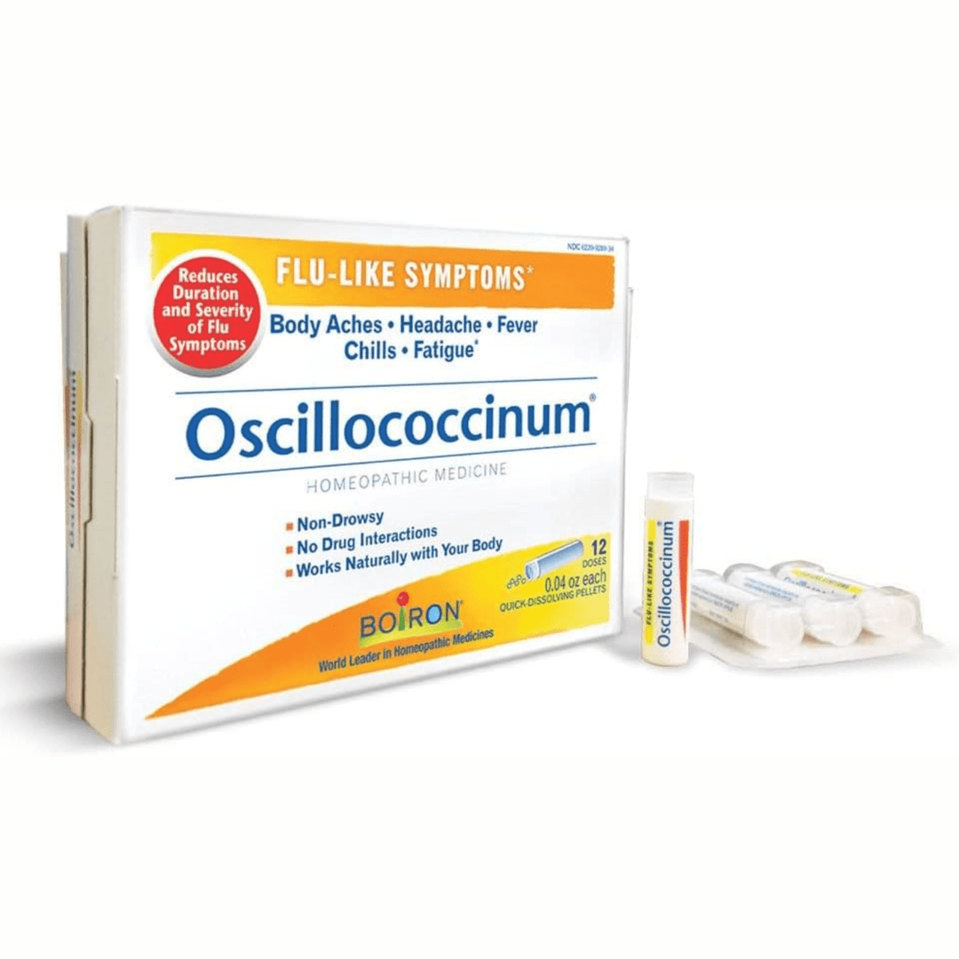 MHP Boiron Laboratories Oscillococcinum 12-pack of vitamins and supplements for flu-like symptom relief, shown in bottle.