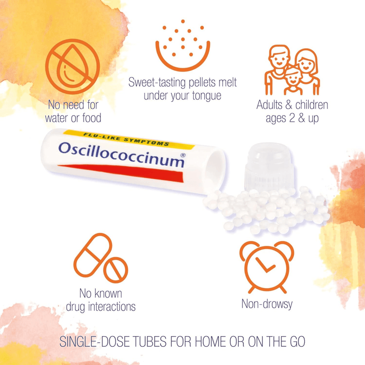 Boiron Oscillococcinum 12-dose box of vitamins and supplements for flu-like symptom relief, produced by MHP.
