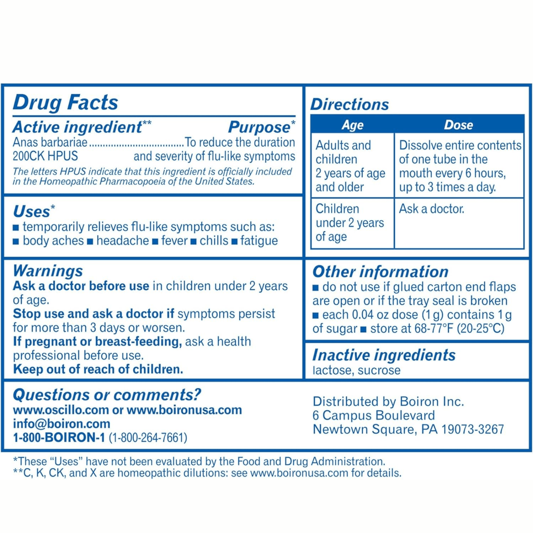 Boiron Oscillococcinum 12-pack of flu relief supplements in vitamin and supplement bottle, designed to help with flu-like symptoms
