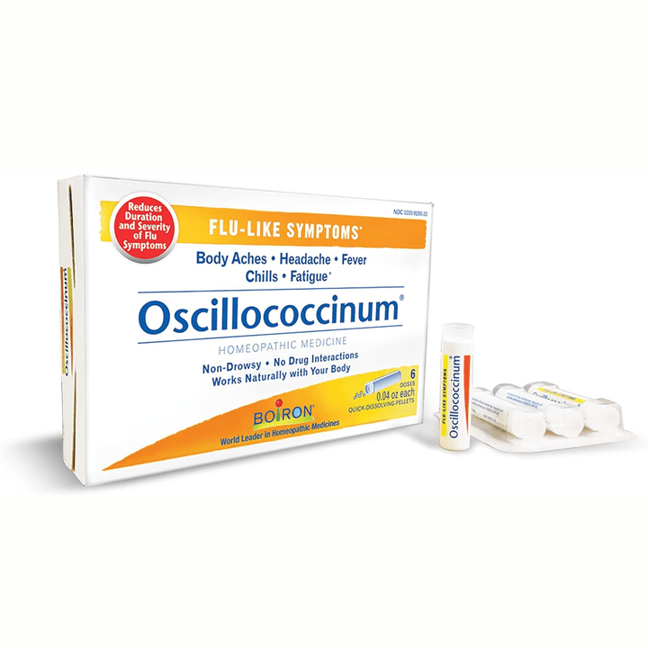 MHP Boiron Laboratories Oscillococcinum 6-pack of vitamins and supplements for relieving flu-like symptoms, displayed in bottles.