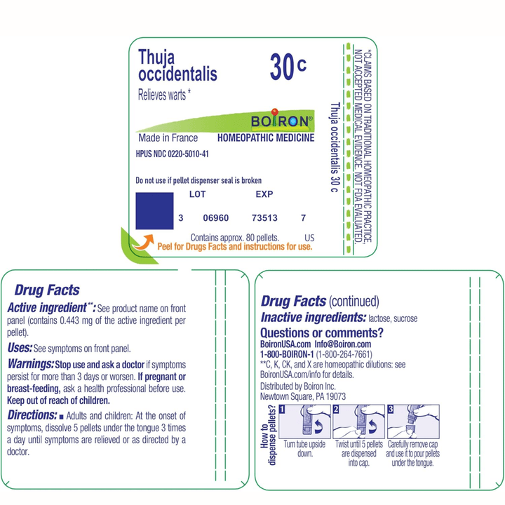 Boiron Laboratories Thuja 30C homeopathic remedy in 80 pellets, dietary supplement for natural health support.