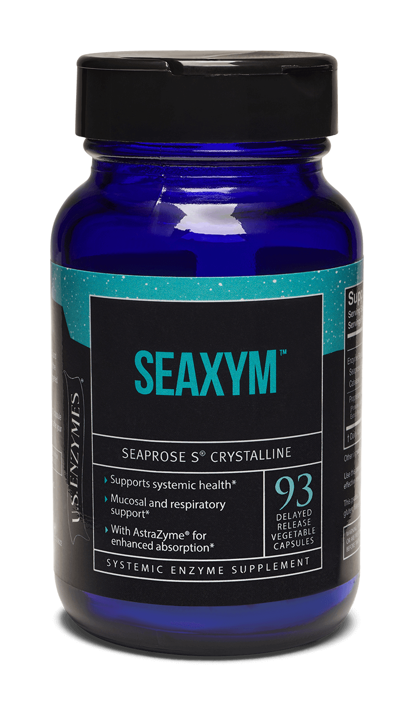 MHP Master Supplements US Enzymes Seaxym 93 capsules for digestive enzyme support, shown in a clear bottle with capsules inside.