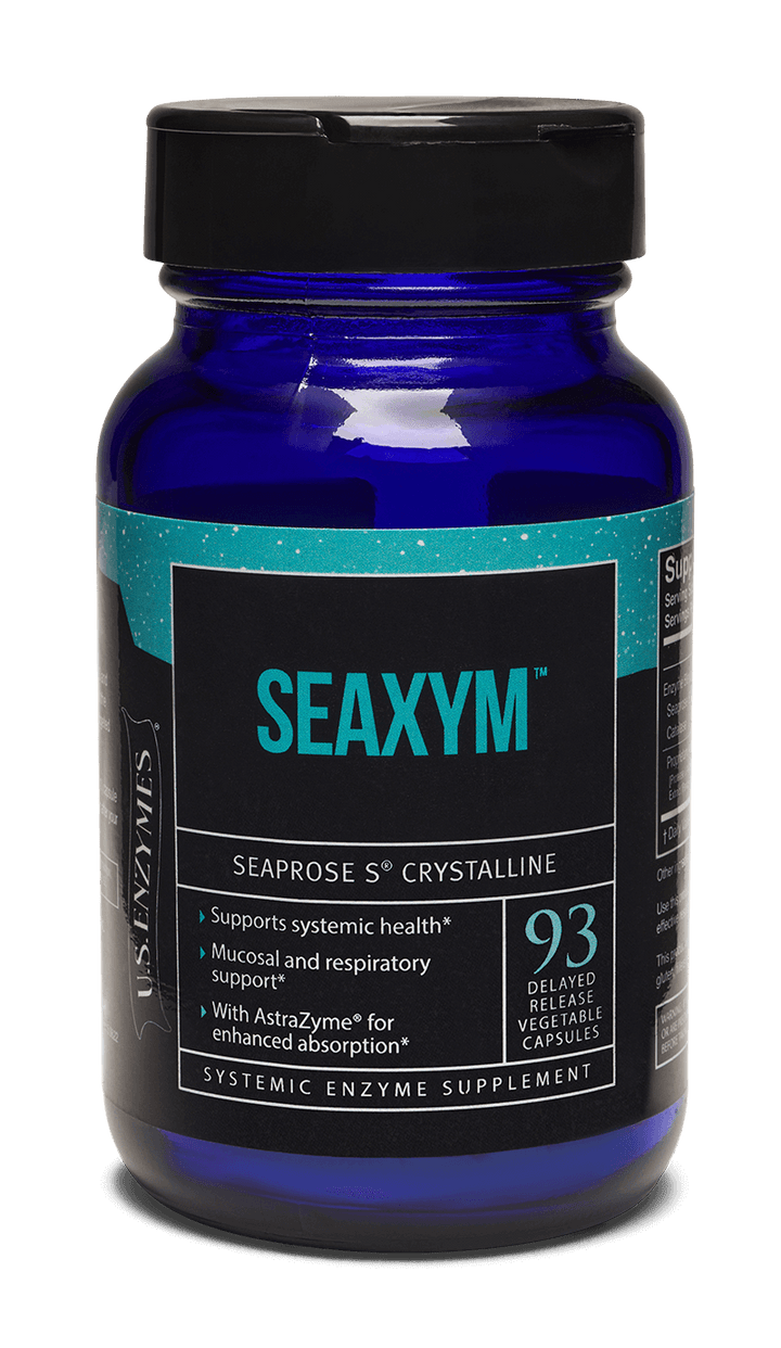 MHP Master Supplements US Enzymes Seaxym 93 capsules for digestive enzyme support, shown in a clear bottle with capsules inside.