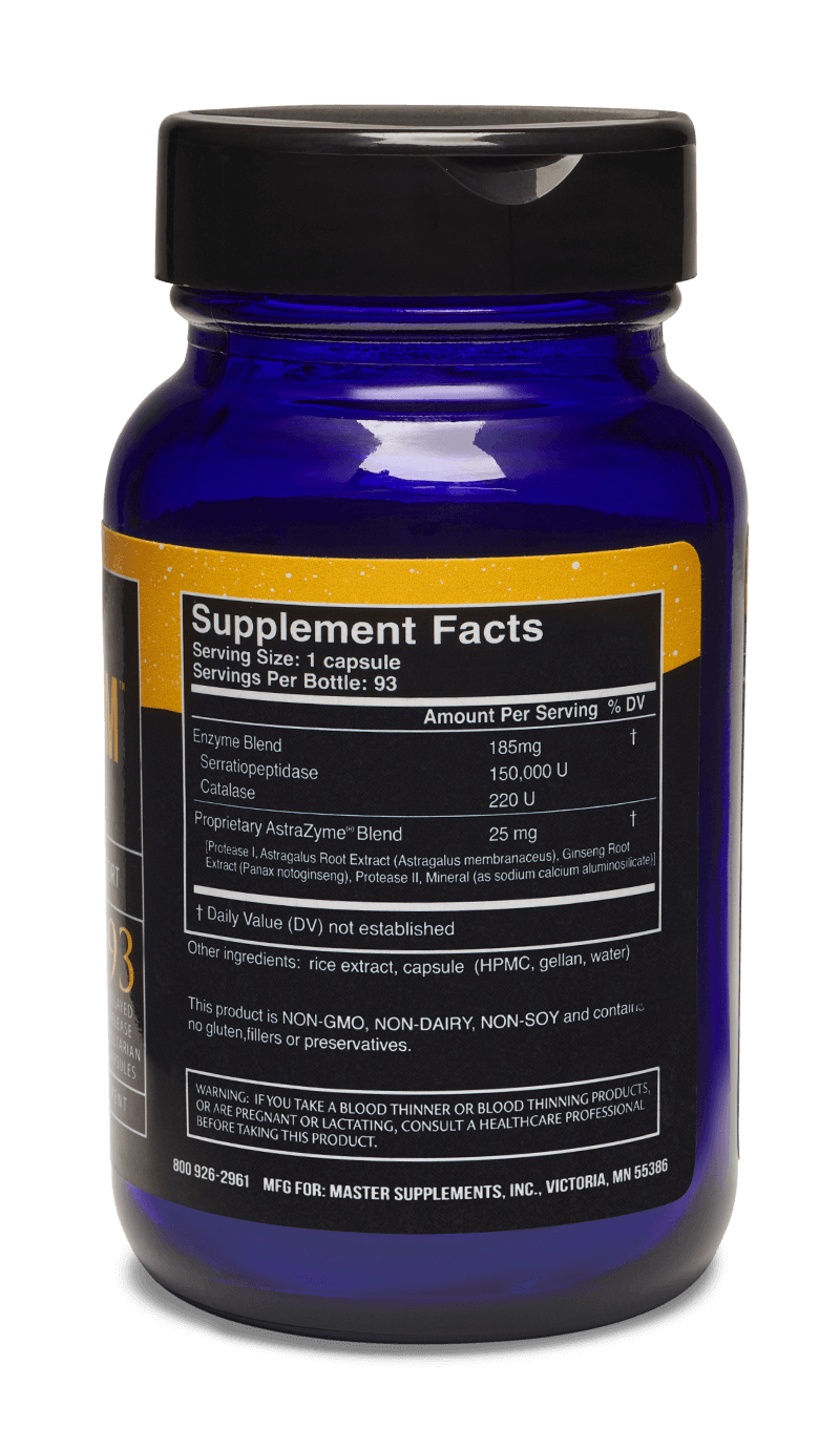 Master Supplements US Enzymes Serraxym 93 caps, dietary supplement for musculoskeletal support, by MHP, with capsules in a bottle.