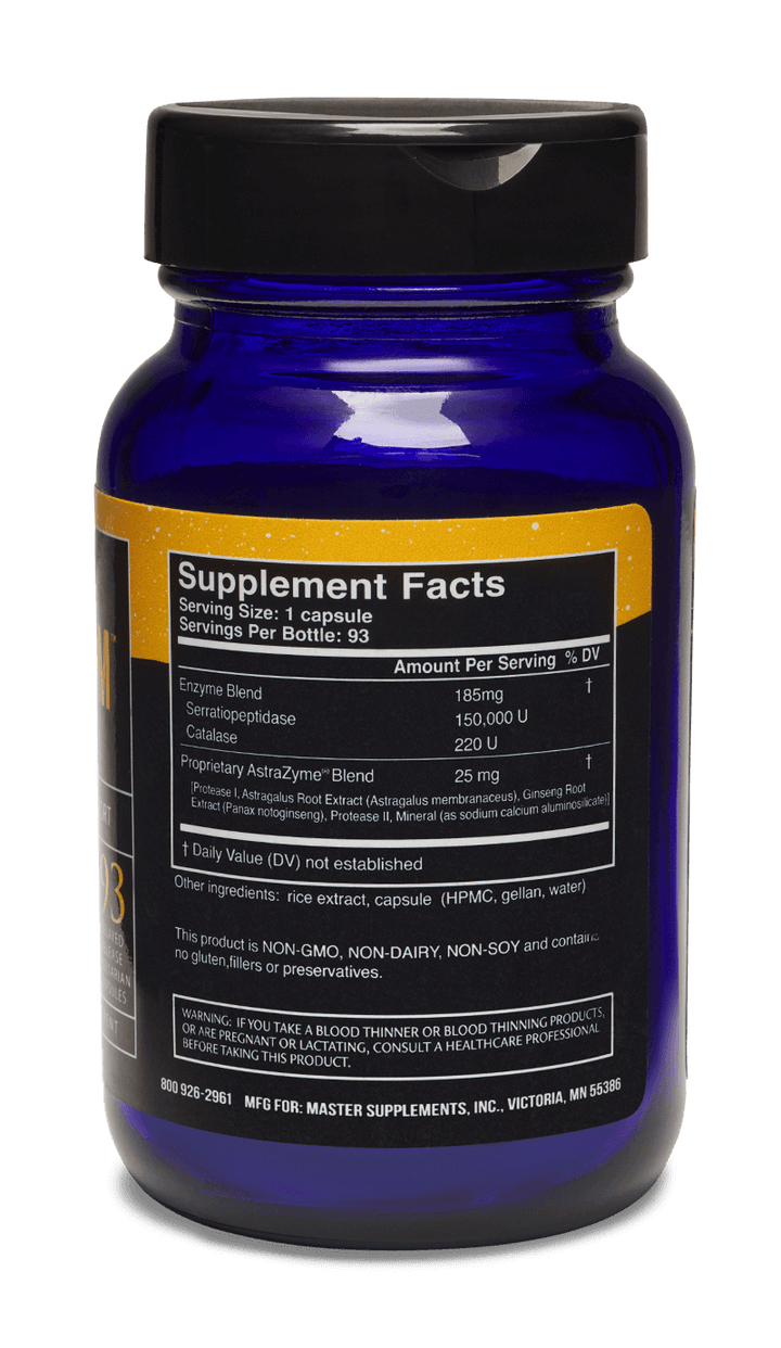 Master Supplements US Enzymes Serraxym 93 caps, dietary supplement for musculoskeletal support, by MHP, with capsules in a bottle.